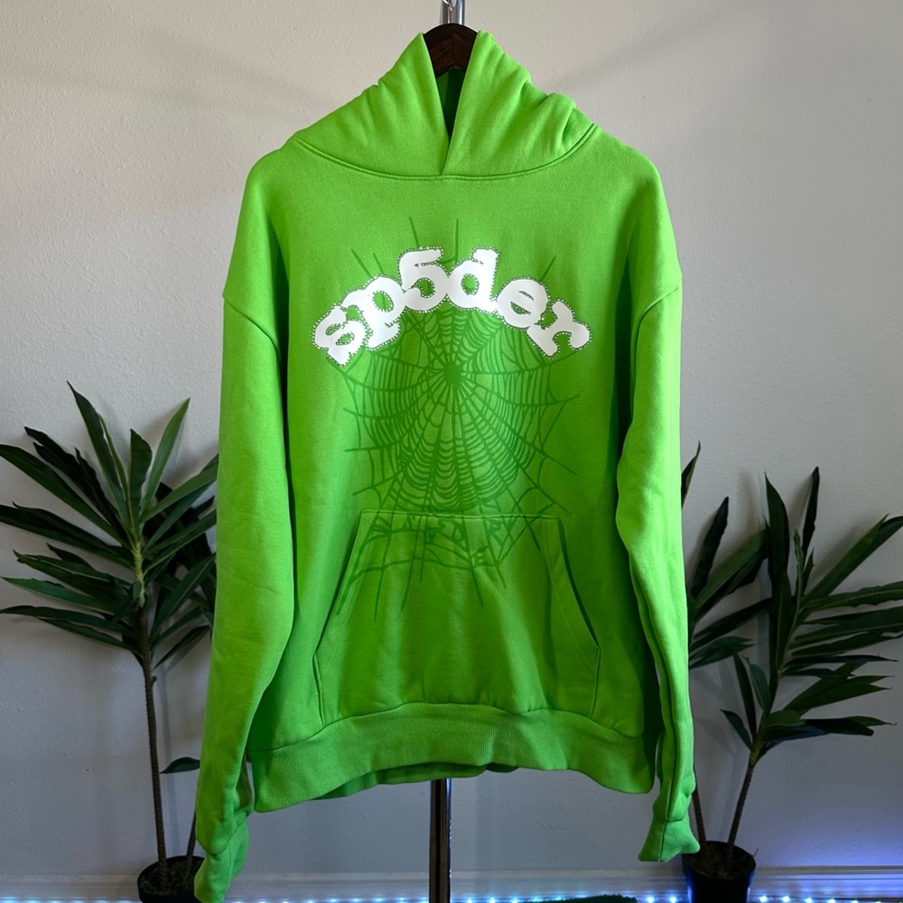 Sp5der OG Web Rhinestone Hoodie Slime Green